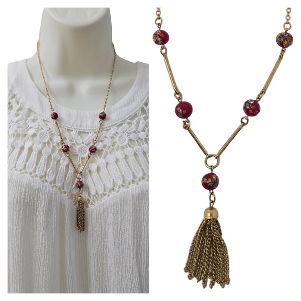 Vintage Sarah Coventry Gold Tone Red Millefiori Style Bead Tassel Necklace 22"
